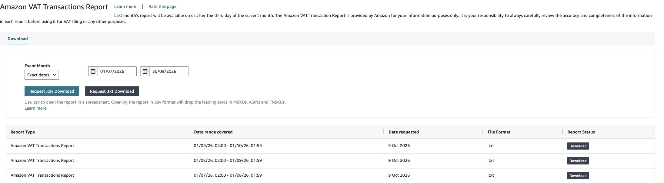Seller Central: dates, report request and download