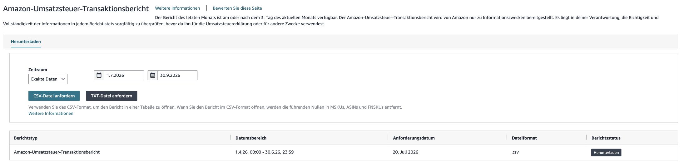 Seller Central: Zeitraum, Anforderung und Download